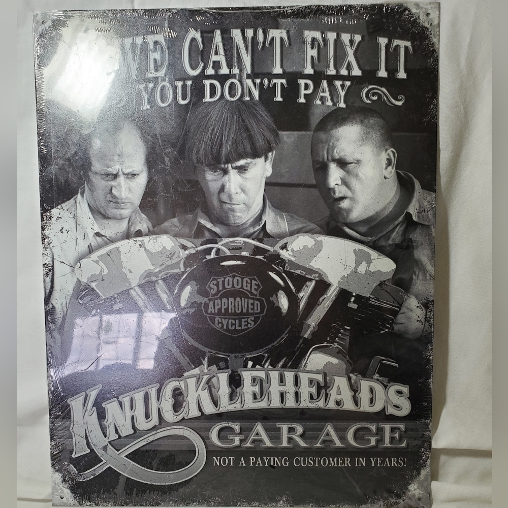 Knuckleheads Garage The Three Stooges Retro 2010 Metal Tin Sign, NWT